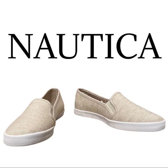 NWOB- NAUTICA- canvas slip on shoes, tan linen like fabric - Picture 1 of 10